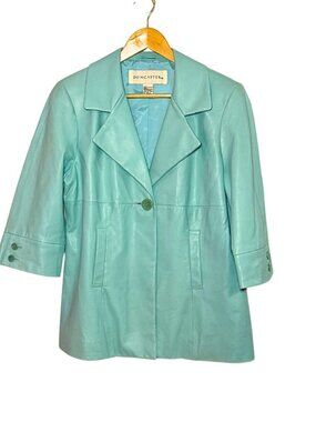Vintage Doncaster Genuine Calf Leather Jacket Blazer 3/4 Sleeve Teal Women's L